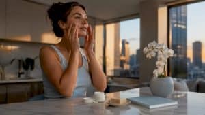 Woman applying moisturizer at bathroom vanity