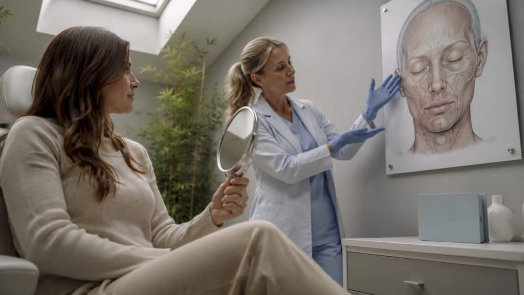 Client consulting aesthetic injector about facial contouring