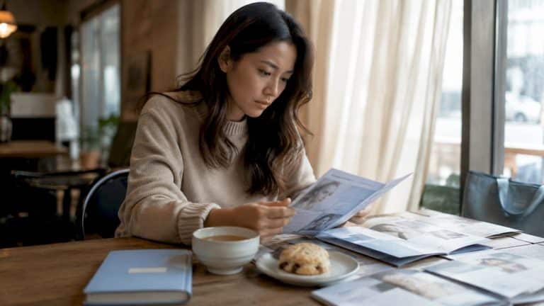 Woman reviewing skincare clinic brochures at home