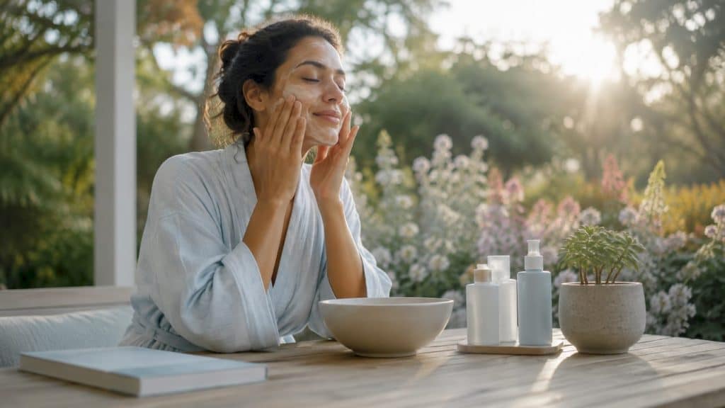 Woman gently cleansing face at vanity