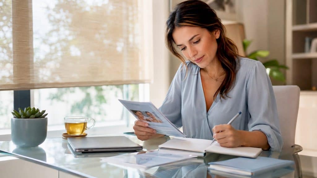 Woman reviewing aesthetic treatment brochures at home