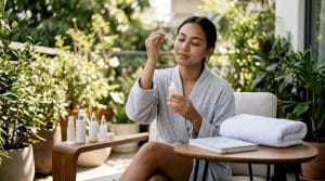 Woman applying daily skincare on sunlit balcony