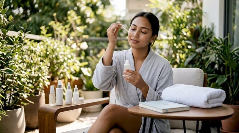 Woman applying daily skincare on sunlit balcony