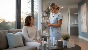 Patient consulting with cosmetologist in serene med spa
