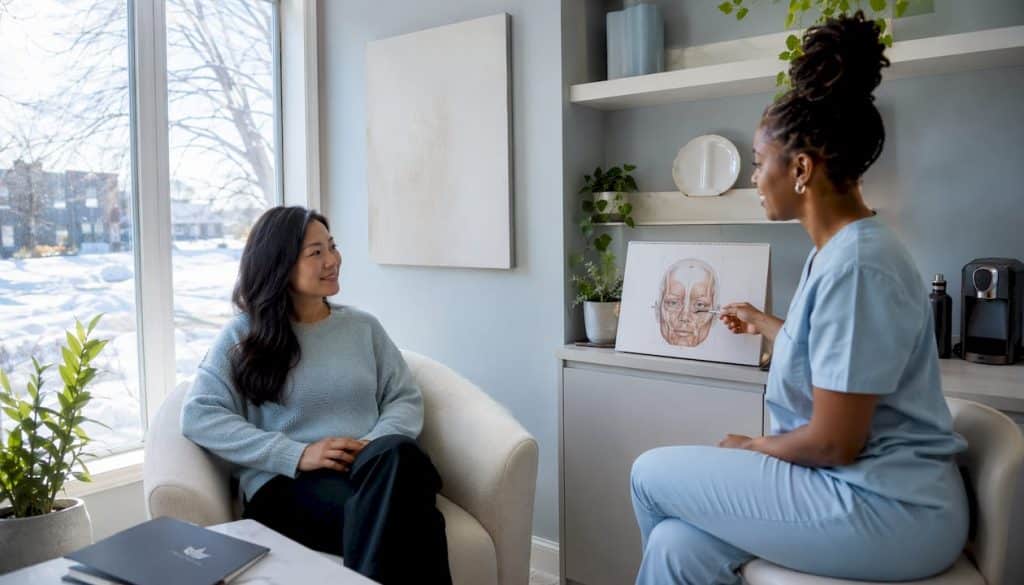 Client and clinician discussing beauty treatment