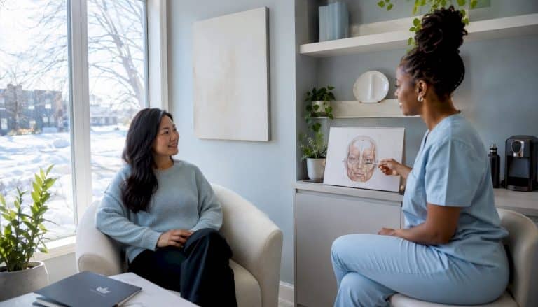 Client and clinician discussing beauty treatment