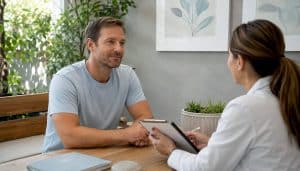 Man consulting clinician on medical aesthetics