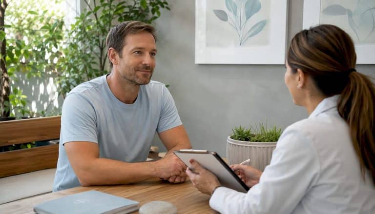 Man consulting clinician on medical aesthetics