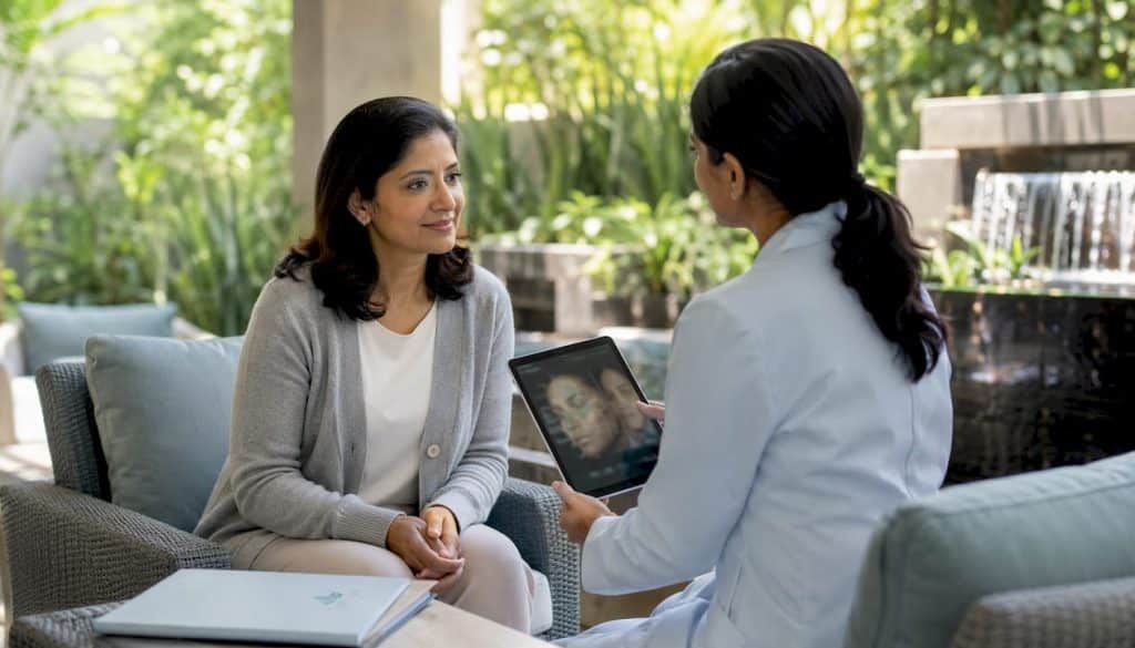 Woman consulting dermatologist about anti-aging treatment