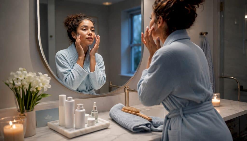 Woman applying serum in bathroom mirror
