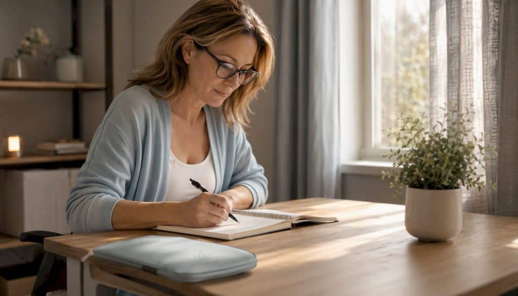 Woman recording nasal symptom log at home