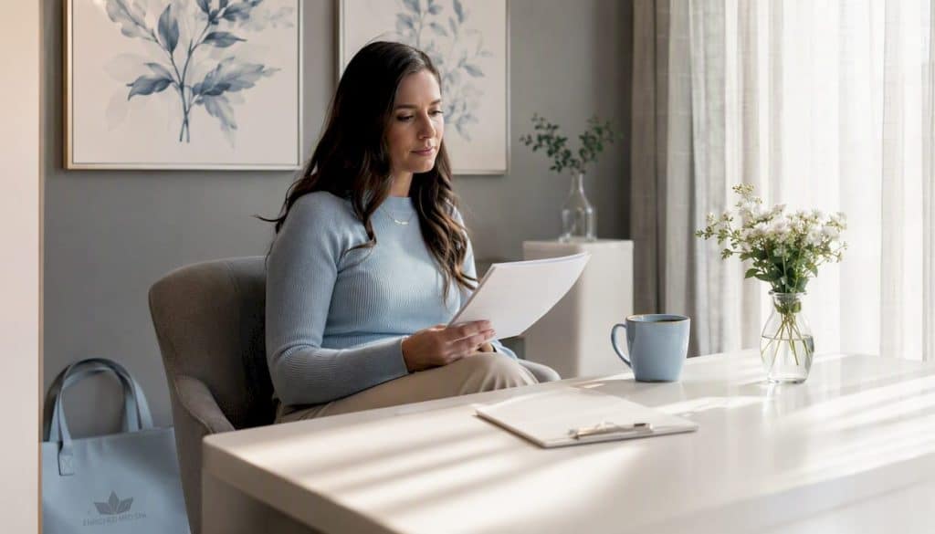 Woman preparing for aesthetic consultation in clinic room