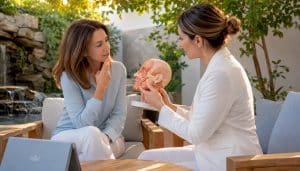 Patient consulting aesthetic practitioner on facial fullness