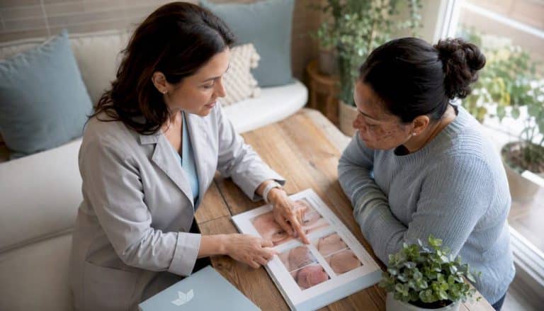 Dermatologist consulting patient on pigmentation