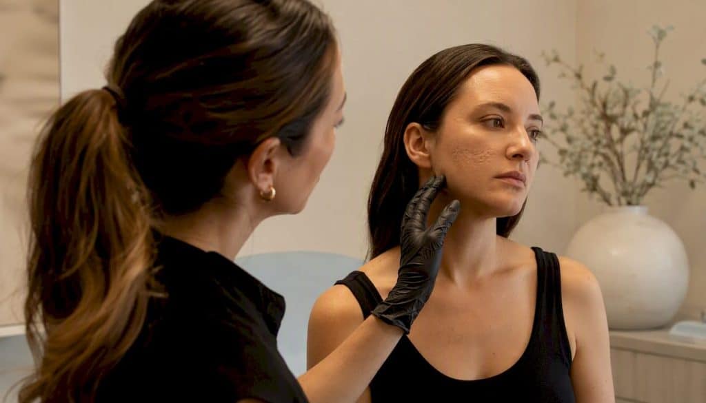 Clinical close-up showing acne scar assessment