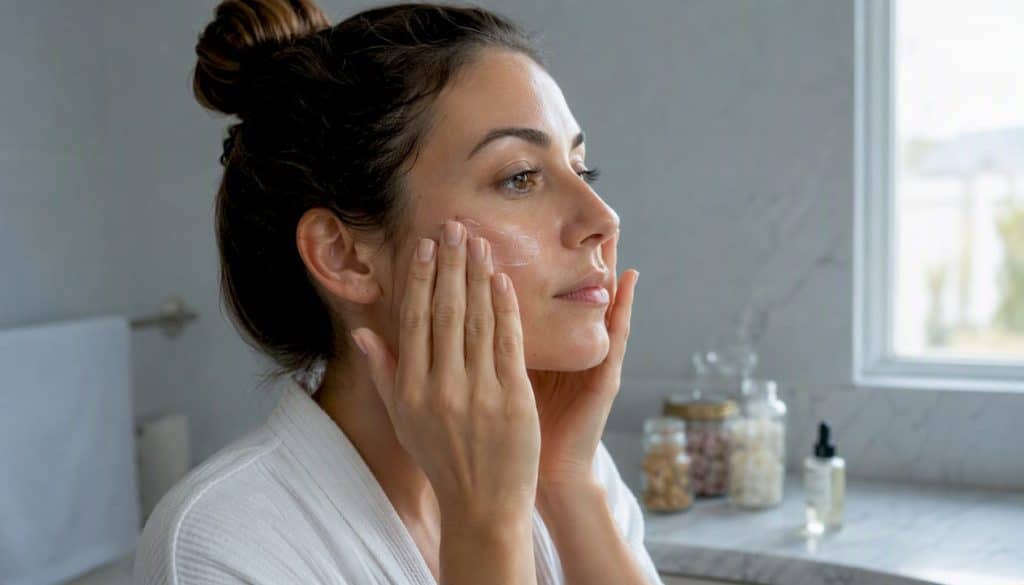 Hands applying serum to face