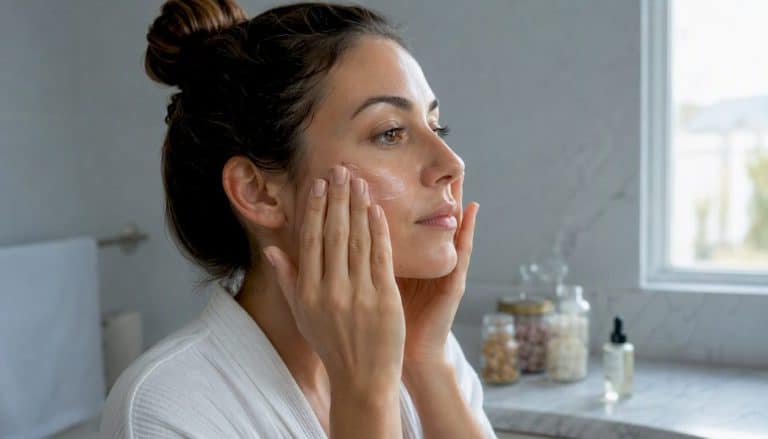 Hands applying serum to face