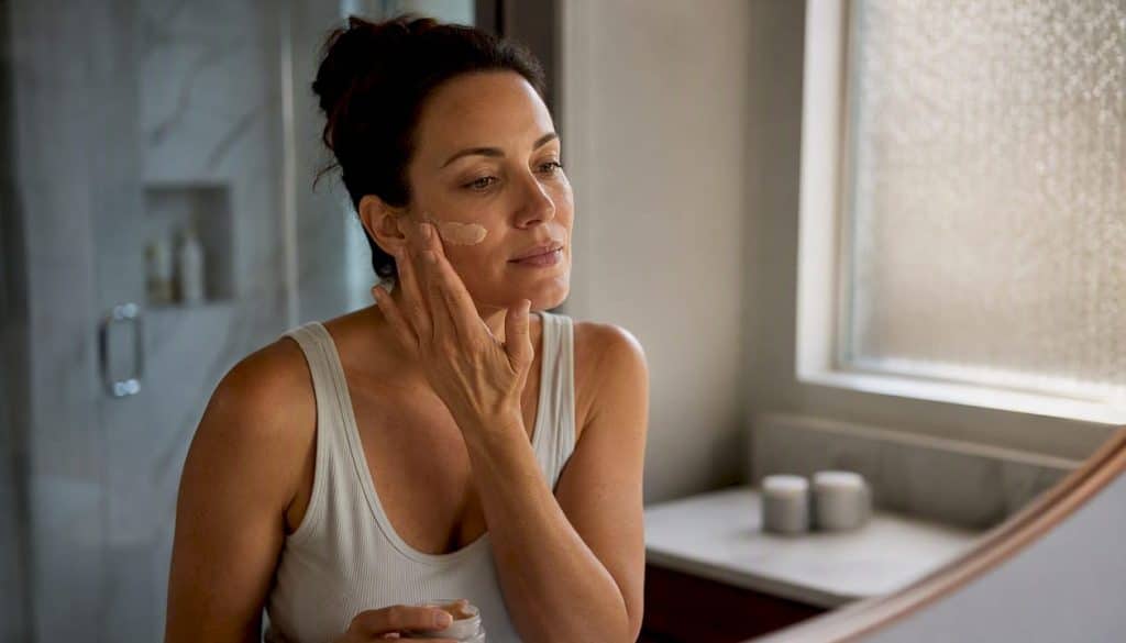 Woman applying tinted sunscreen to face