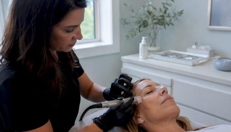 Clinician performing non-surgical eyelid treatment