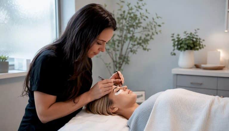 Beauty technician applying eyelash extensions