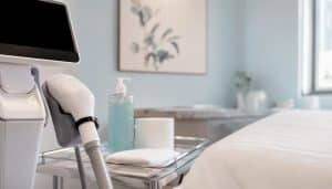 Laser hair removal device applicator in treatment room