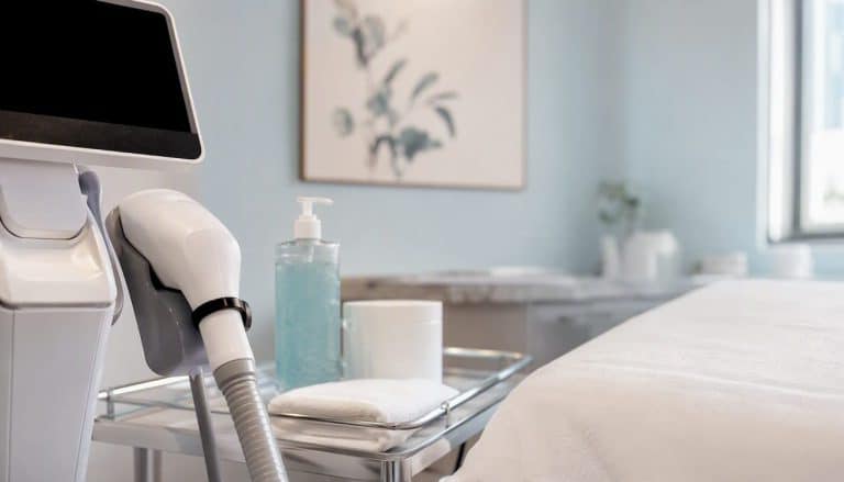 Laser hair removal device applicator in treatment room