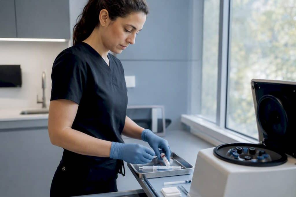 Hands preparing PRP hair restoration kit in clinic