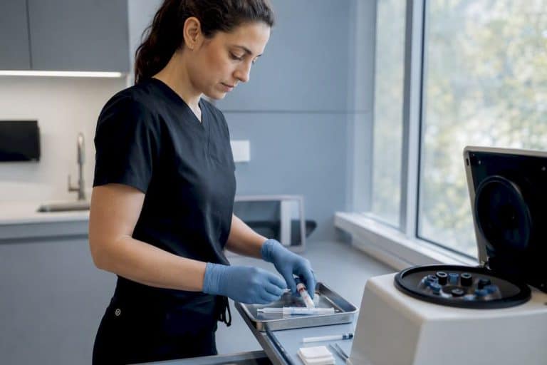 Hands preparing PRP hair restoration kit in clinic