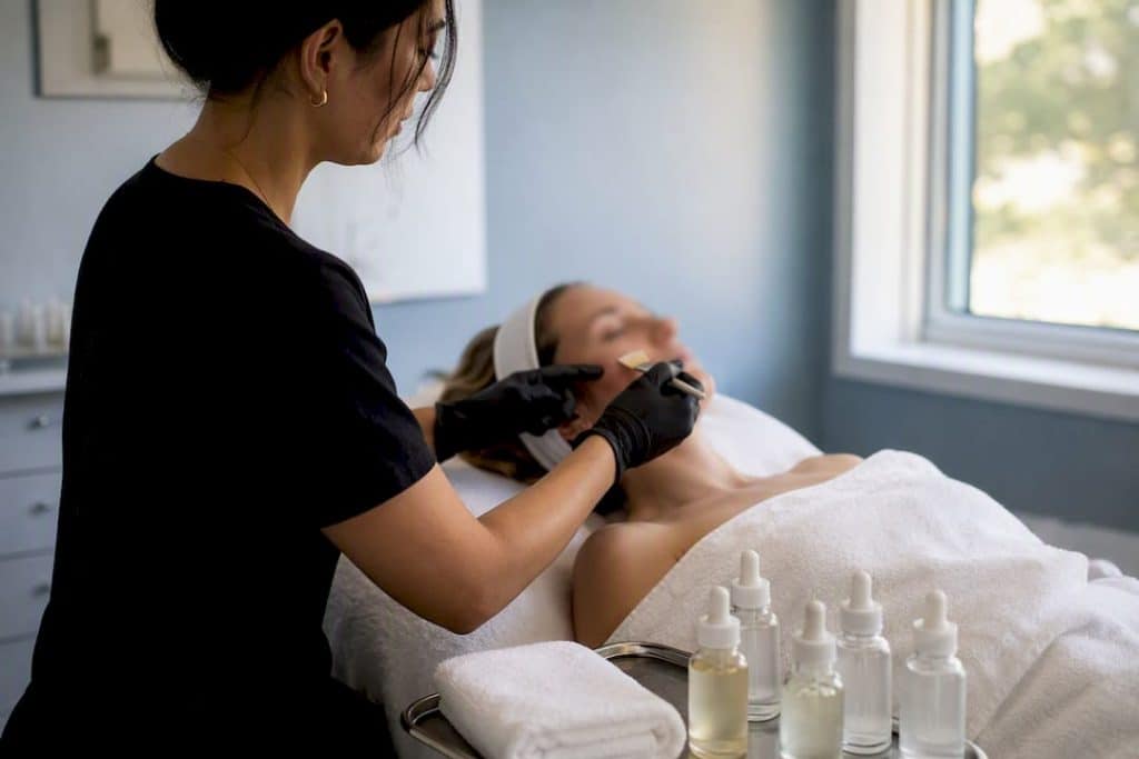 Esthetician applying chemical peel on cheek
