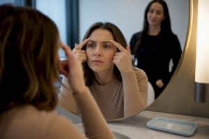 Woman demonstrating frown lines before Botox consultation