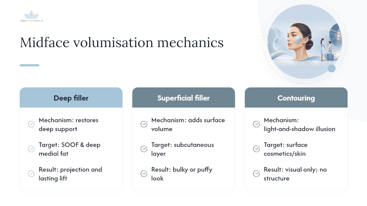 How cheek filler creates lift: midface anatomy and the mechanics of volumisation — overview diagram