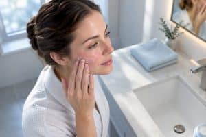 Woman applying moisturizer after microneedling