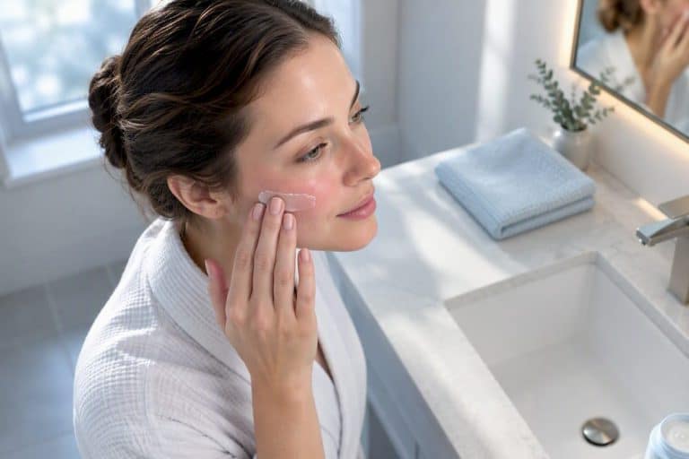 Woman applying moisturizer after microneedling