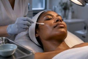 Clinician applying peel solution to darker skin