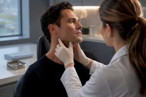 Clinician assessing man's jawline contour