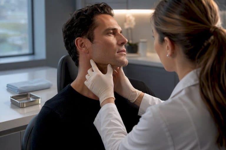 Clinician assessing man's jawline contour