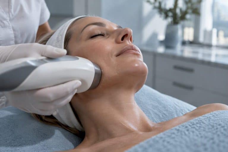 RF applicator treating a lower jawline