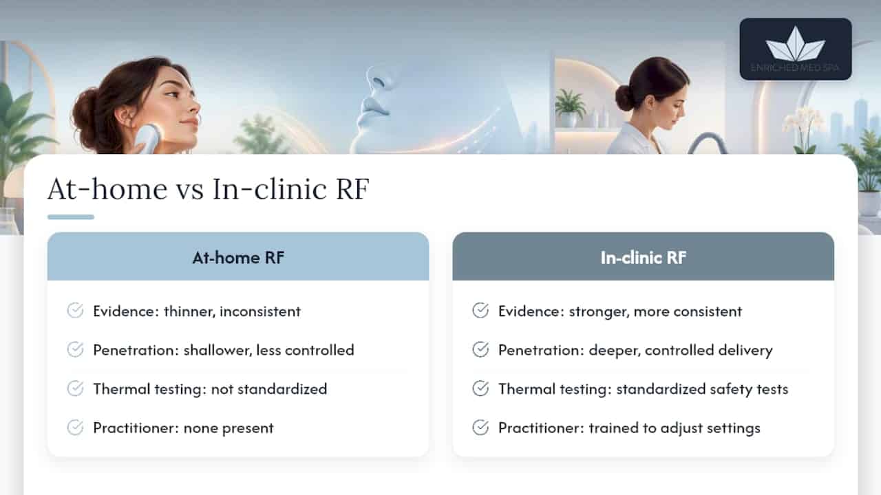 At-home devices versus in-clinic systems — overview diagram
