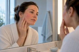 Woman checking facial redness after microneedling