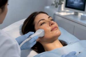 Clinician assessing migrated filler with ultrasound