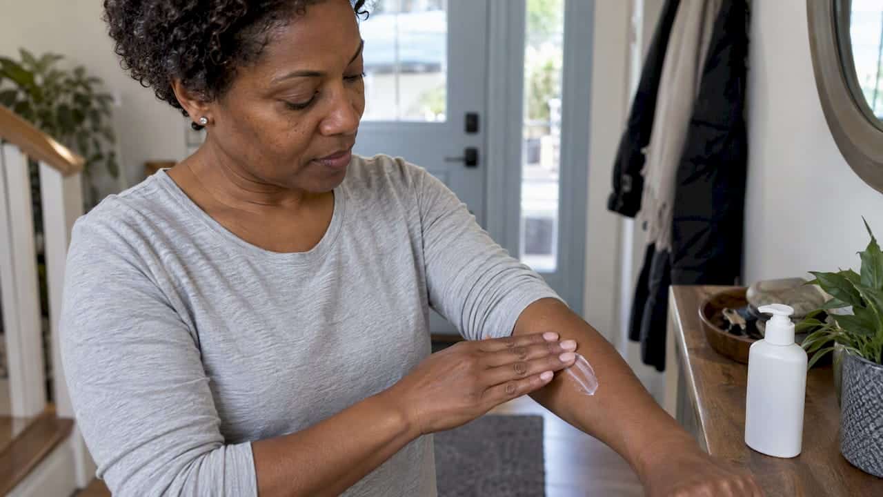 Woman applying sunscreen to treated forearm