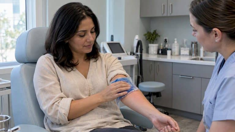 Woman cooling skin after laser treatment