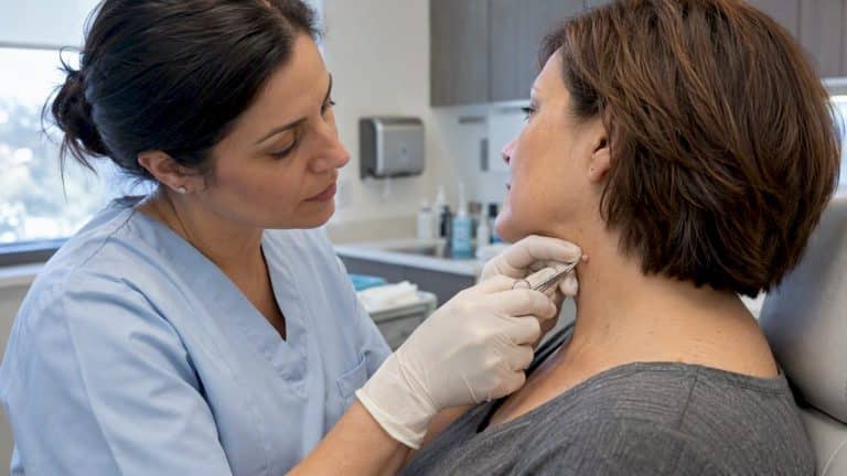 Clinician carefully removing a small skin tag
