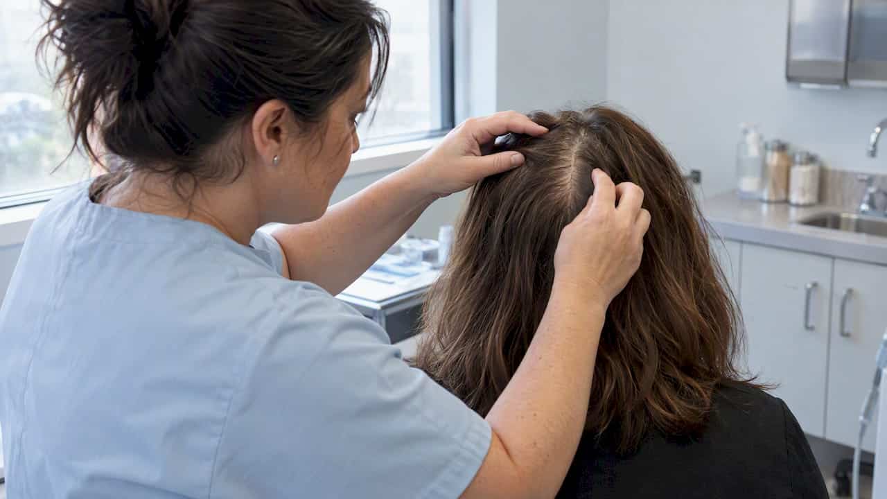 Clinician examines a woman’s widening hair part