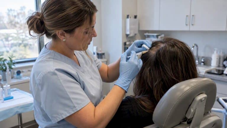 Woman receiving PRP injections to scalp