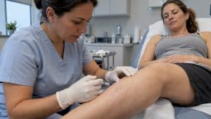 Clinician treats spider veins on a calf