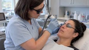 Clinician treating facial spider veins with laser