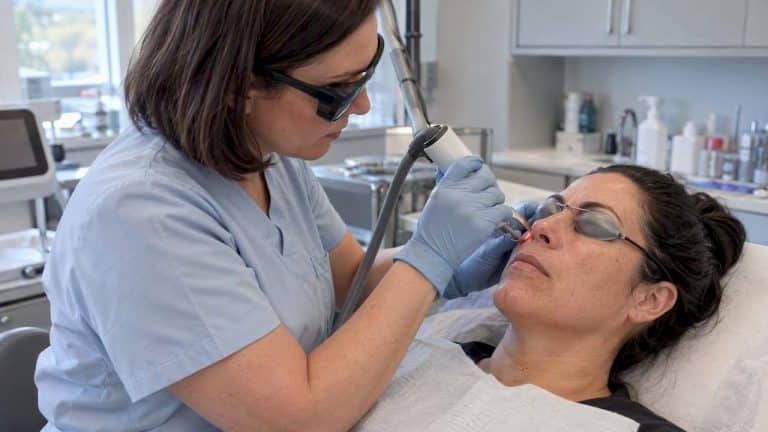 Clinician treating facial spider veins with laser