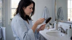 Woman checking shed hair in her brush