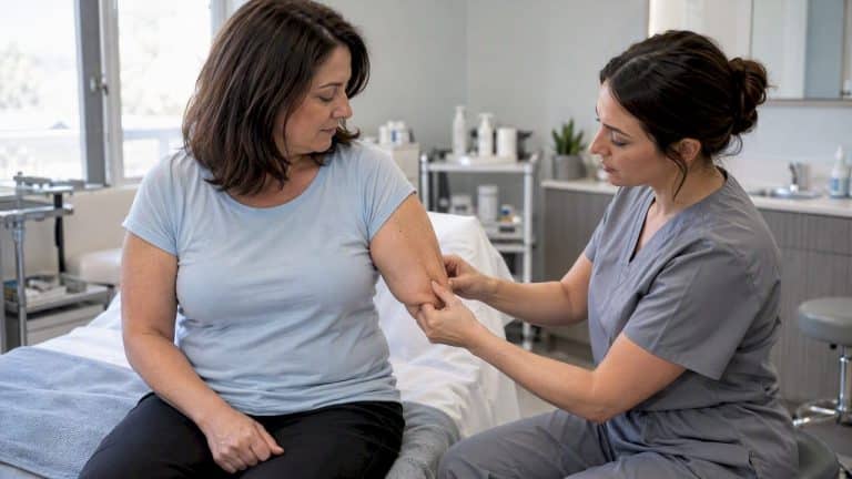 Clinician assessing loose skin on an upper arm